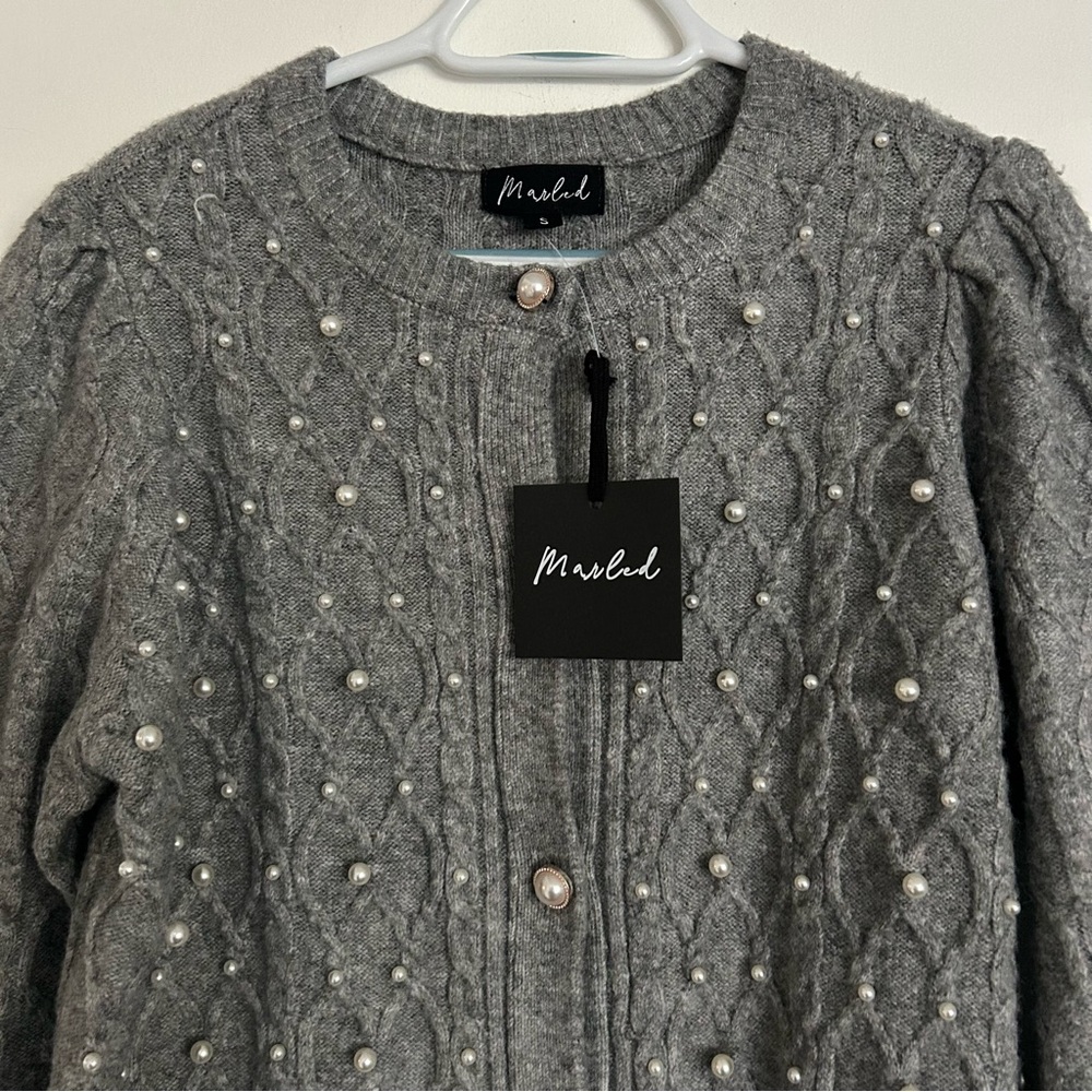 Marled Gray Women's Cardigan Sweater Pearl Details Small Coquette Feminine